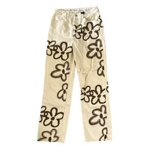 SONG Jeans Womens 3/26 Beige 90s Retro Boyfriend Flower Hippy Button Fly